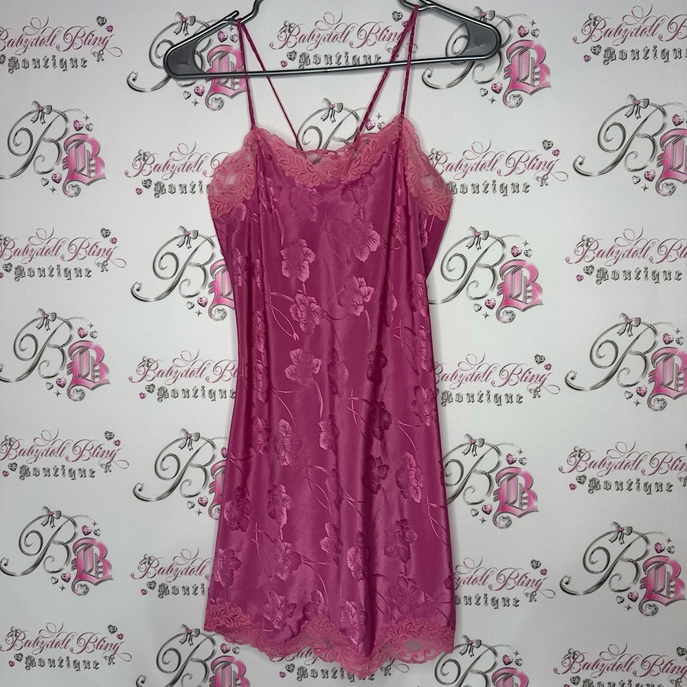 Dress floral silky satiny lace pink rose vintage Victorian nightie night gown